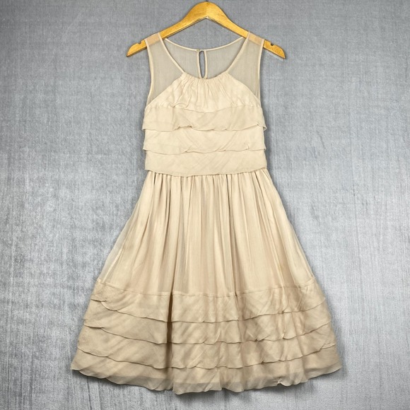 Burlapp Womens Dress 2 Beige Silk Chiffon Sleeveless Tiered Ruffles Twee Y2K - Picture 1 of 8